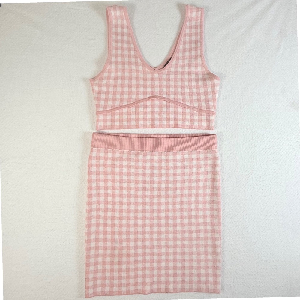 Iris Skirt Set Womens Large Knit Gingham Plaid 2 Piece Crop Top Mini Pink